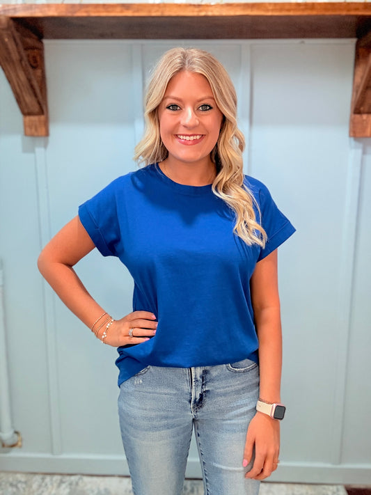 Classic Blue Cotton Rolled Sleeve Top