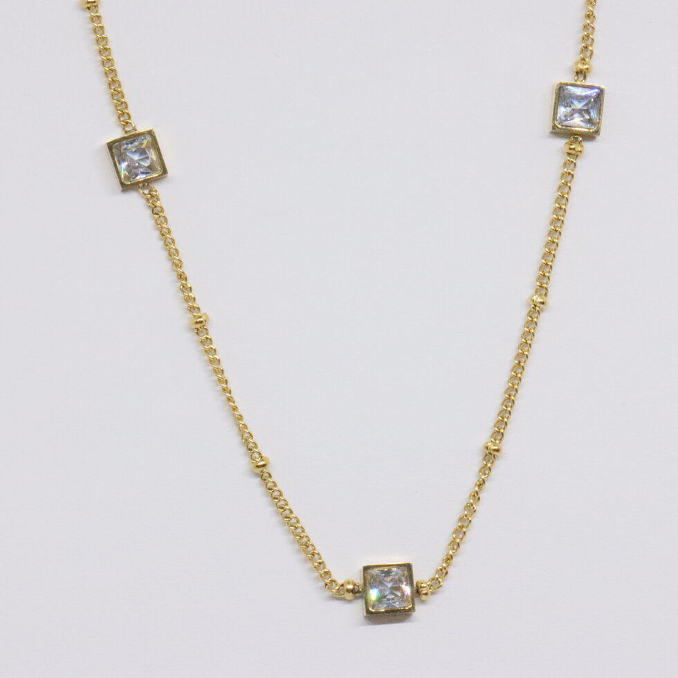 Gold Satellite Chain Chocker with 3 Clear Square Charms