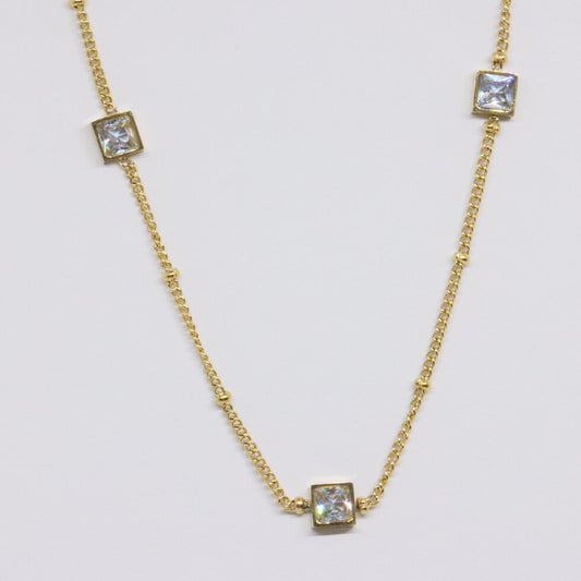 Gold Satellite Chain Chocker with 3 Clear Square Charms
