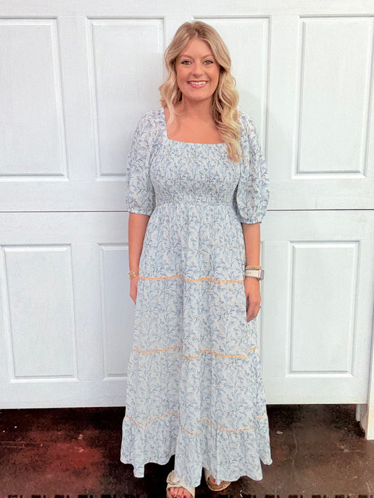 Blue and White Floral Ric Rac Maxi Dress