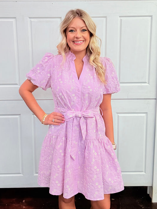 Purple and White Bubble Sleeve Dress