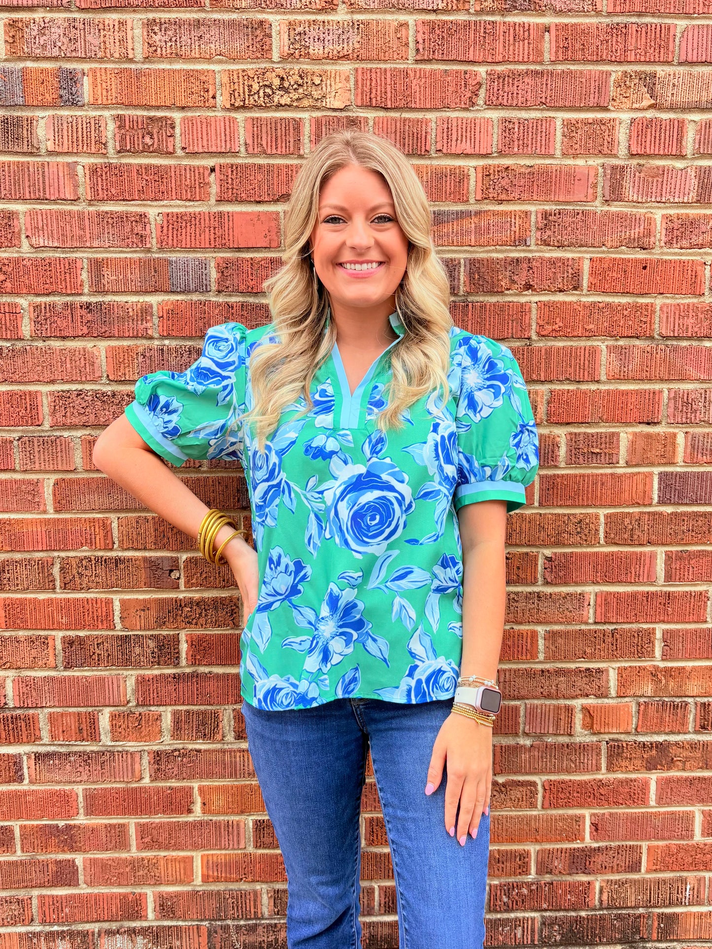 Blue and Green Rose Floral Top