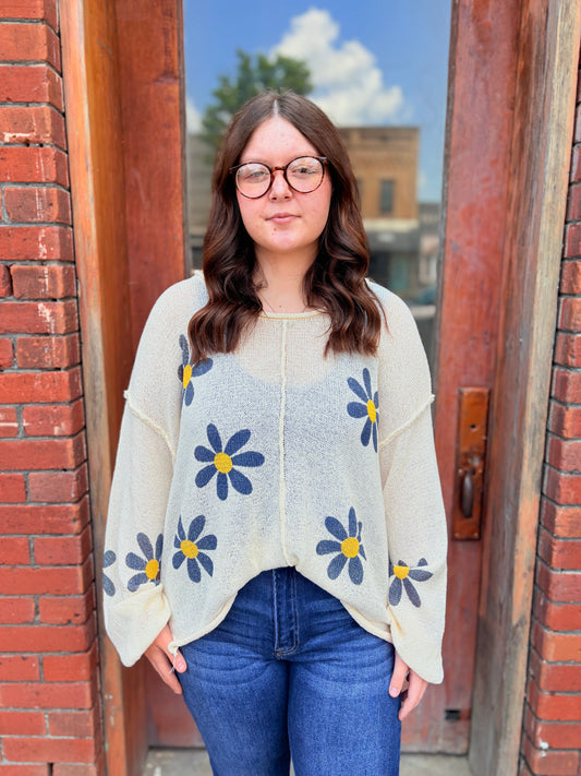 White and Navy Flower Top