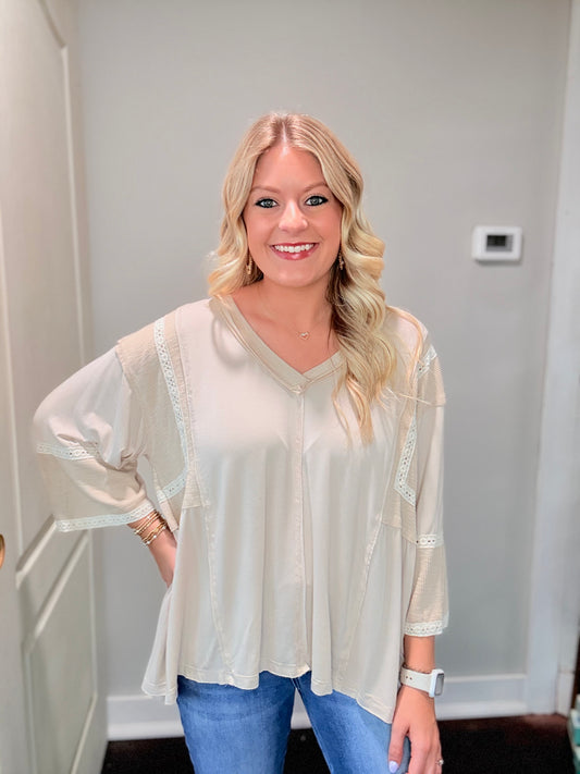 Oversize V-Neck Long Sleeve Lace Trim Knit Top