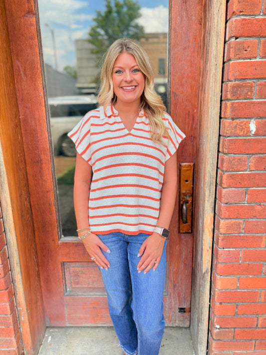 Striped Collared V Neck Sweater