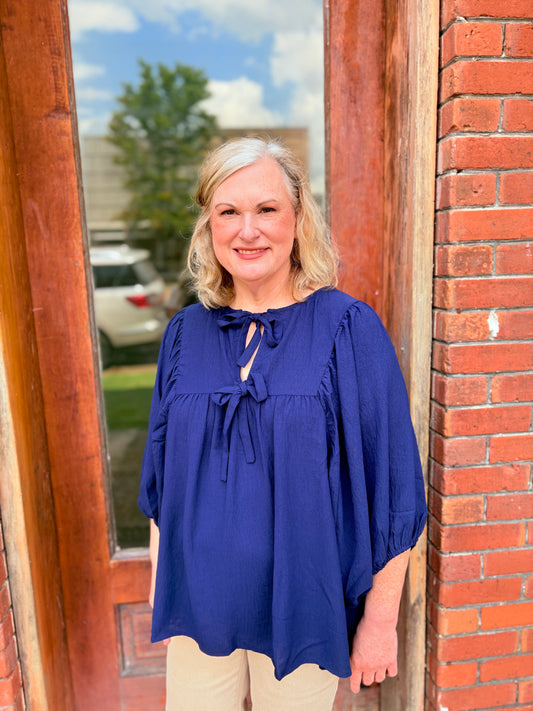 Plus Navy Bow Blouse Top
