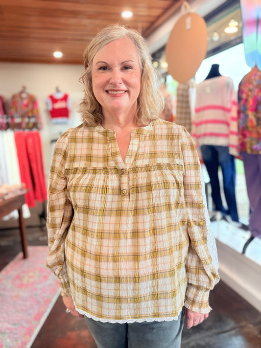 Lace & Plaid Combo Long Sleeve Blouse