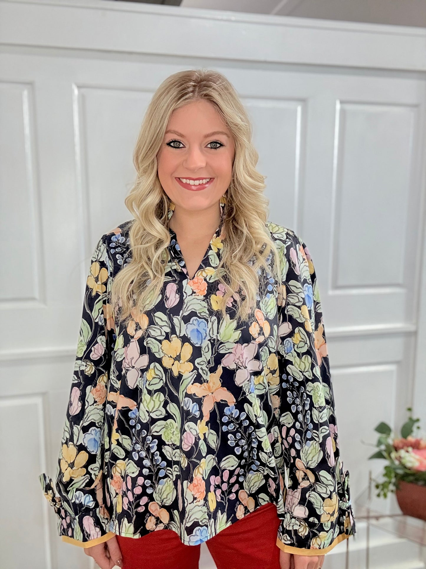 Navy Floral Drawstring Cuff Top