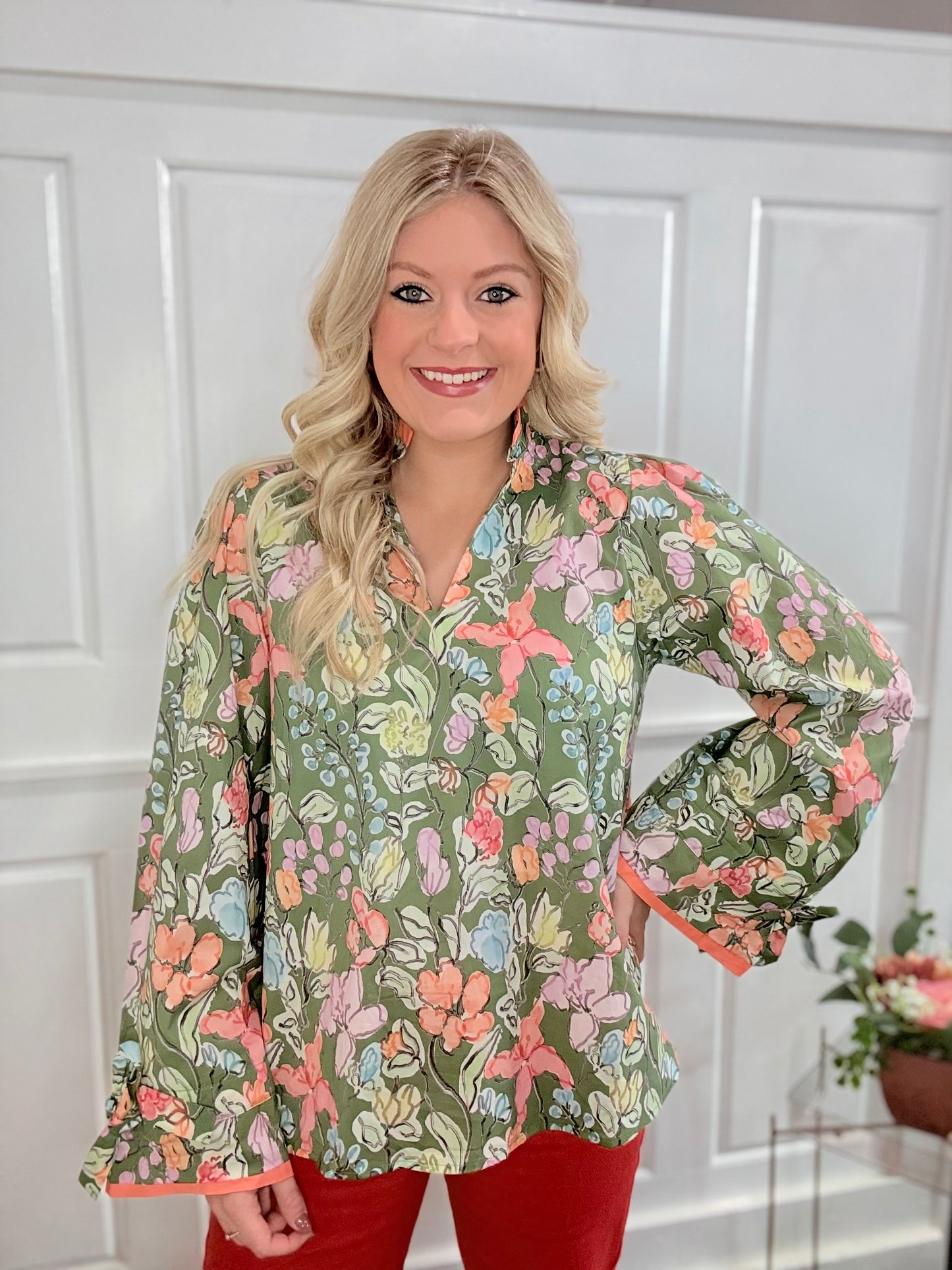 Green Floral Drawstring Cuff Top