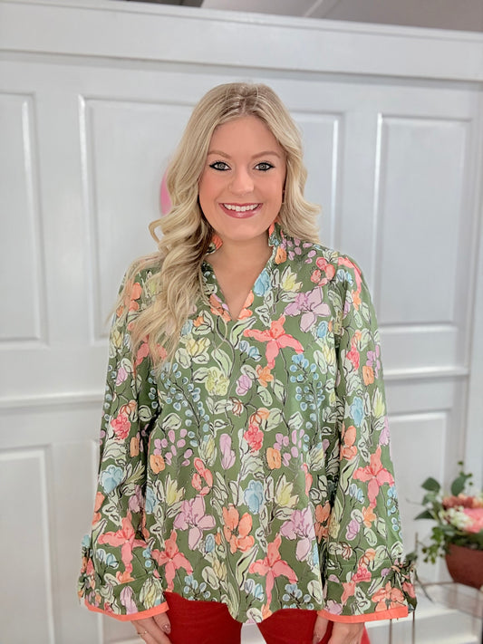 Green Floral Drawstring Cuff Top