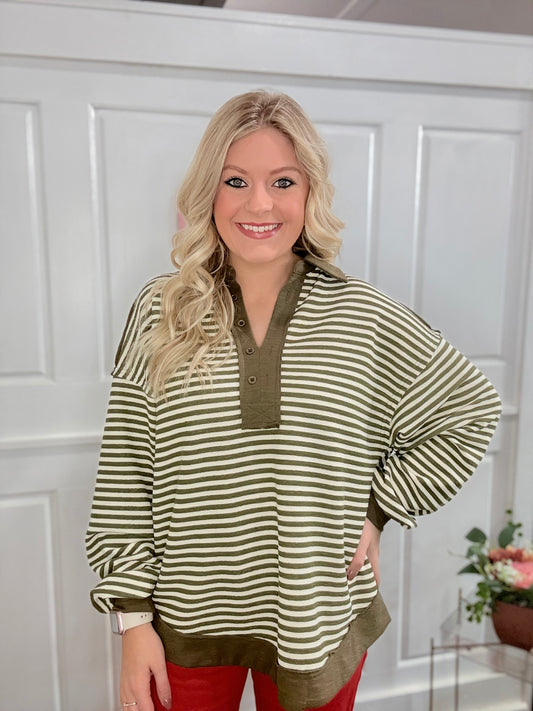 Olive Striped Collared Top