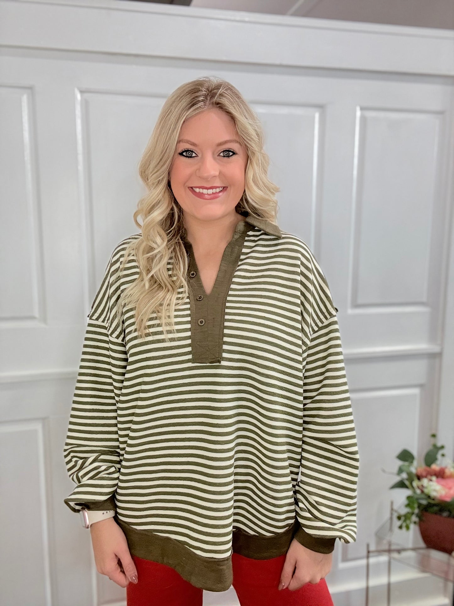 Olive Striped Collared Top