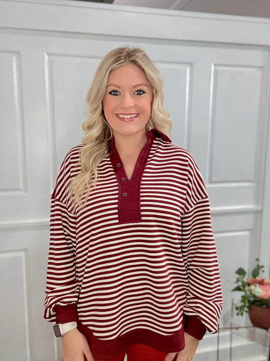 Burgundy Striped Collared Top