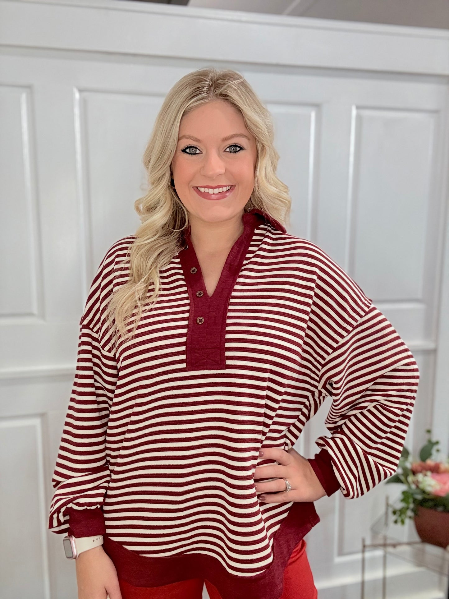 Burgundy Striped Collared Top