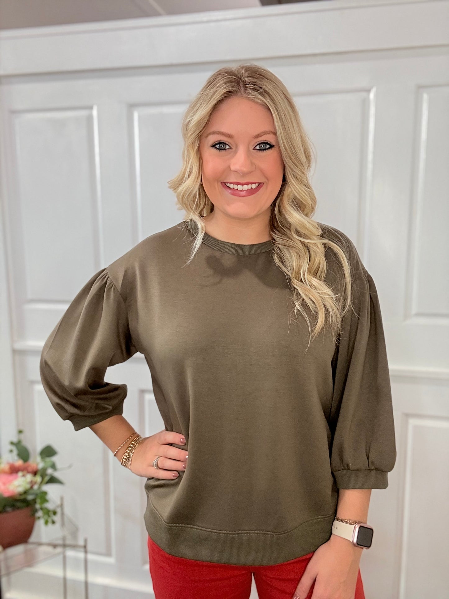 Olive Solid Peasant Sleeve Top