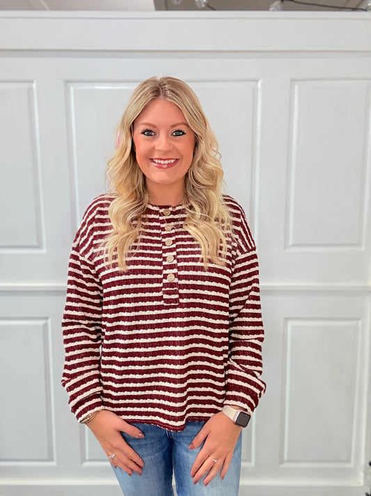 Burgundy Striped Top with Buttons