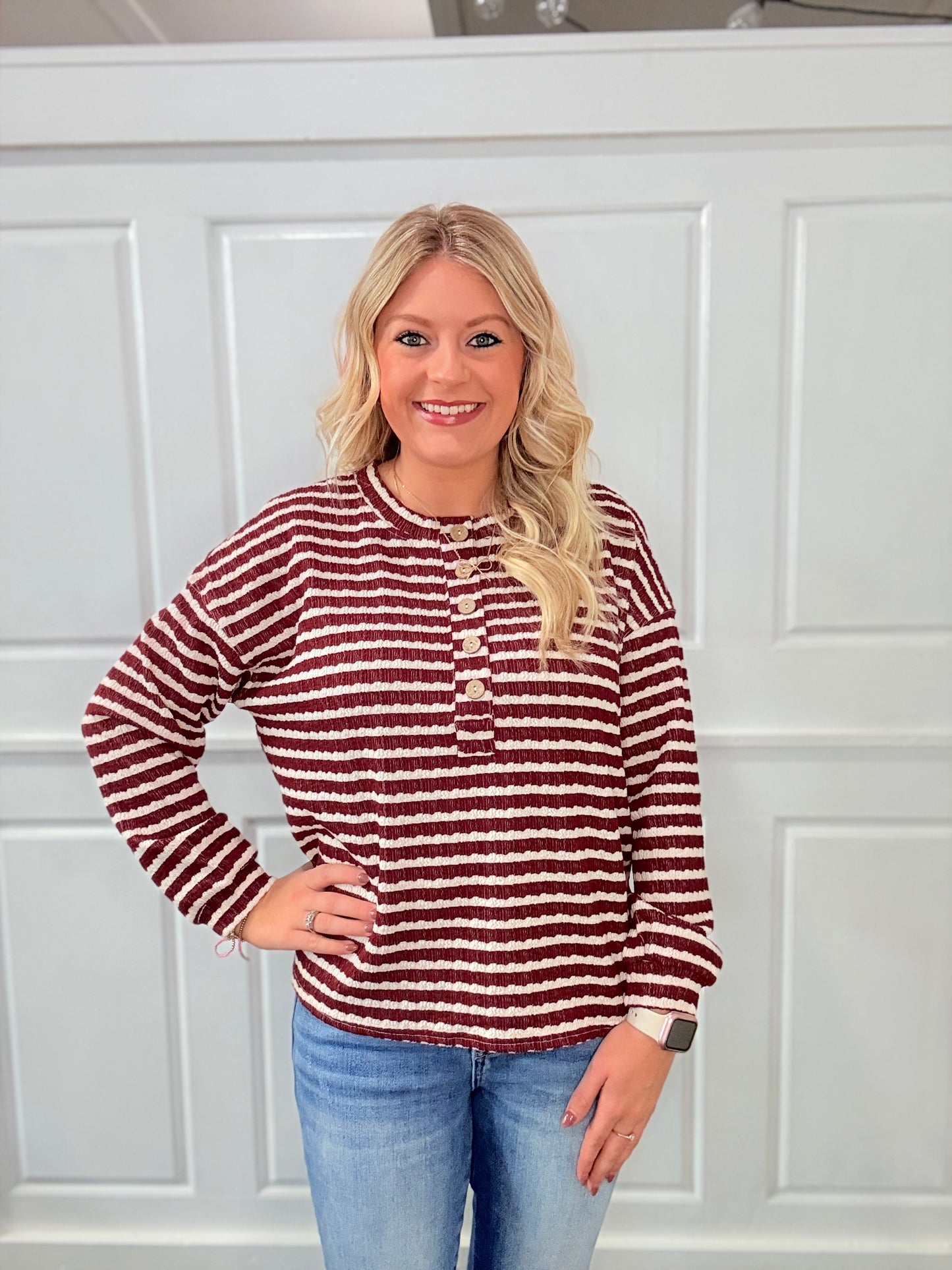 Burgundy Striped Top with Buttons