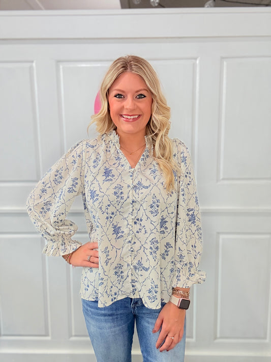 Blue and White Floral Print Blouse