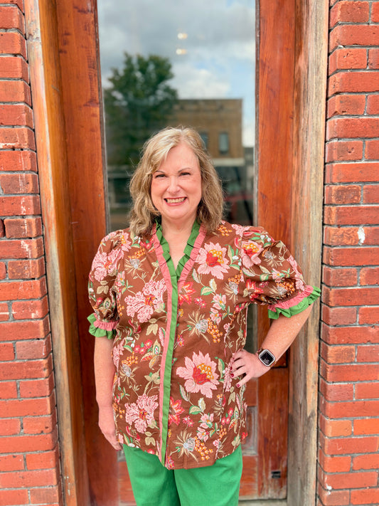 Plus Brown and Green Floral Top