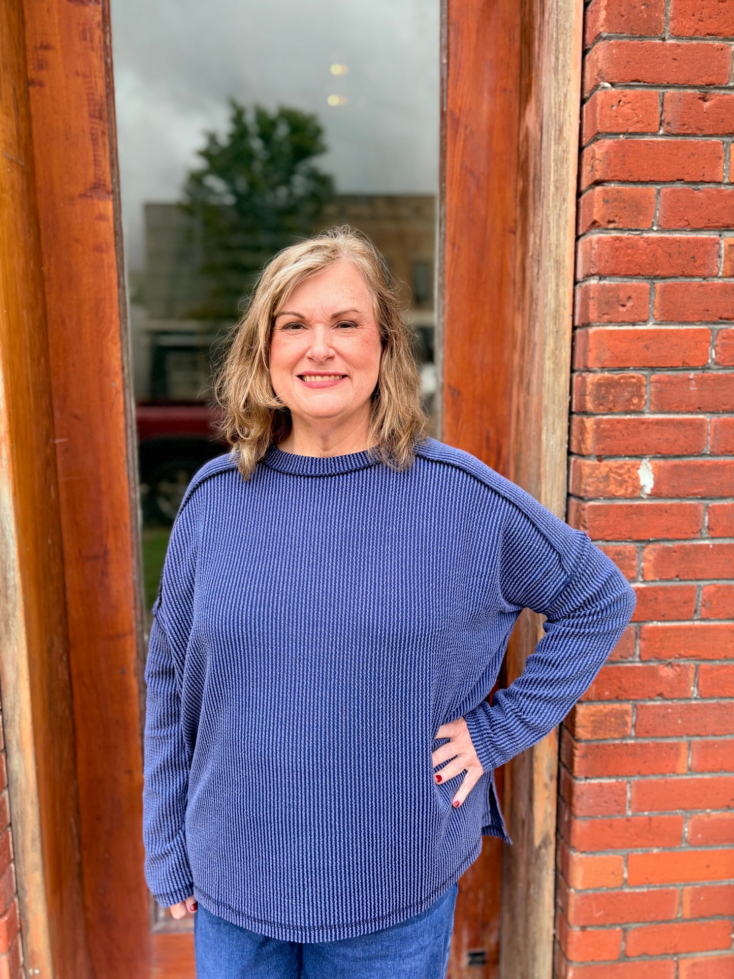 Plus Navy Ribbed Long Sleeve Top