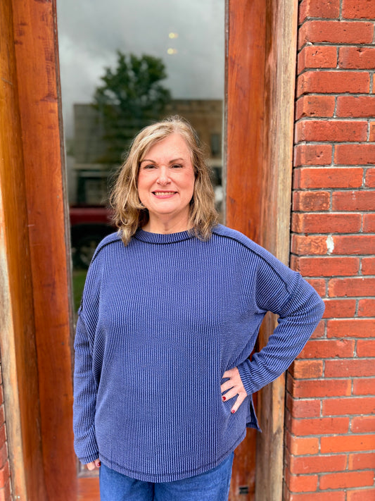 Plus Navy Ribbed Long Sleeve Top