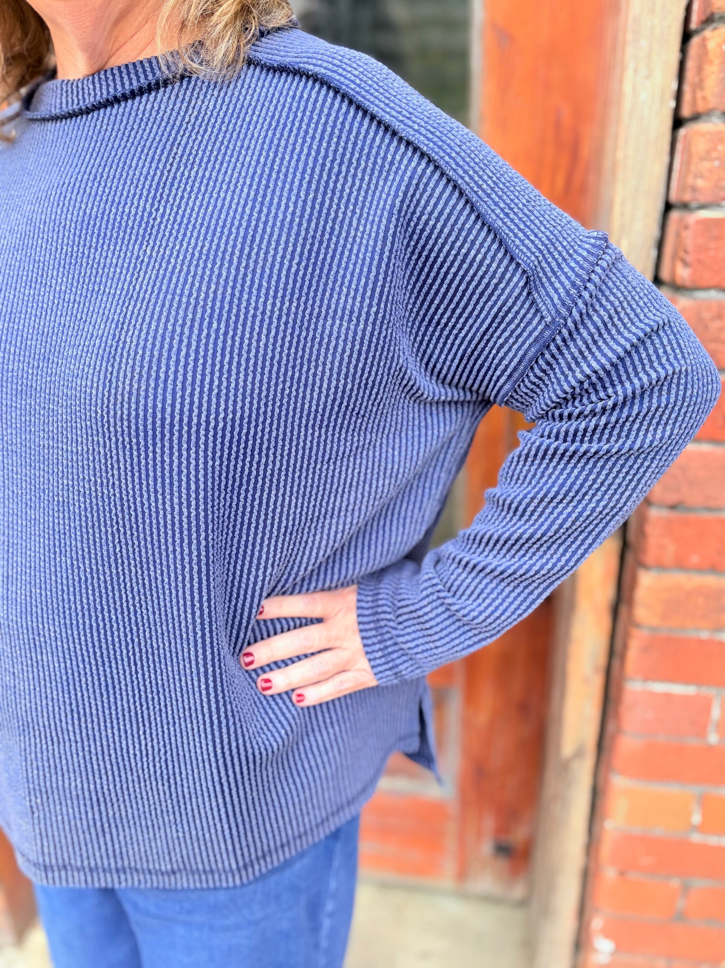 Plus Navy Ribbed Long Sleeve Top
