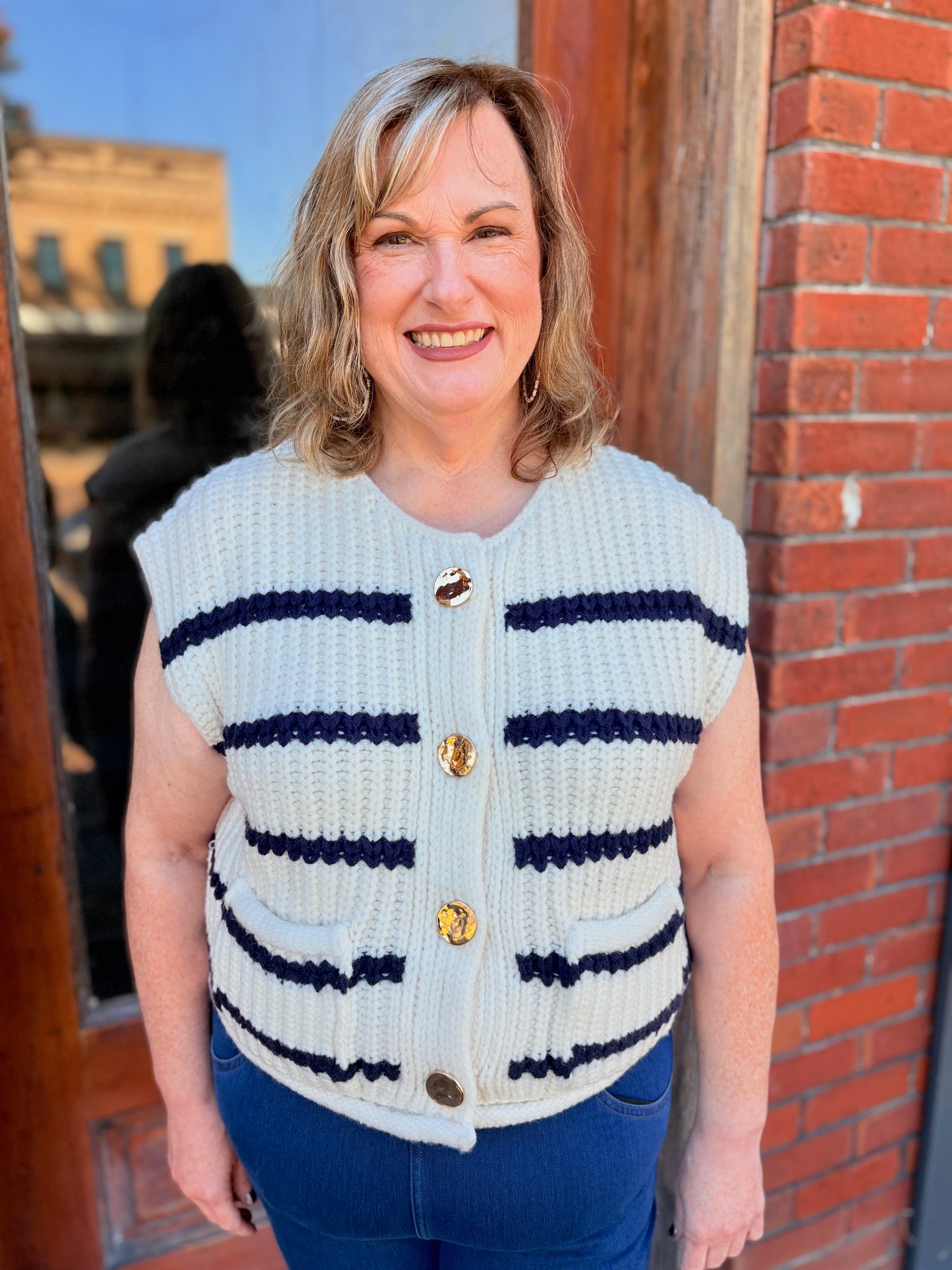 Navy and Cream Button Sweater