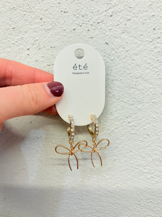 Clear Rhinestone Huggie Hoop with Gold Bow