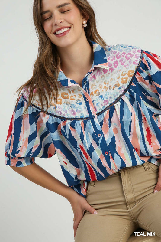 Teal Mix Collared Mixed Print Blouse