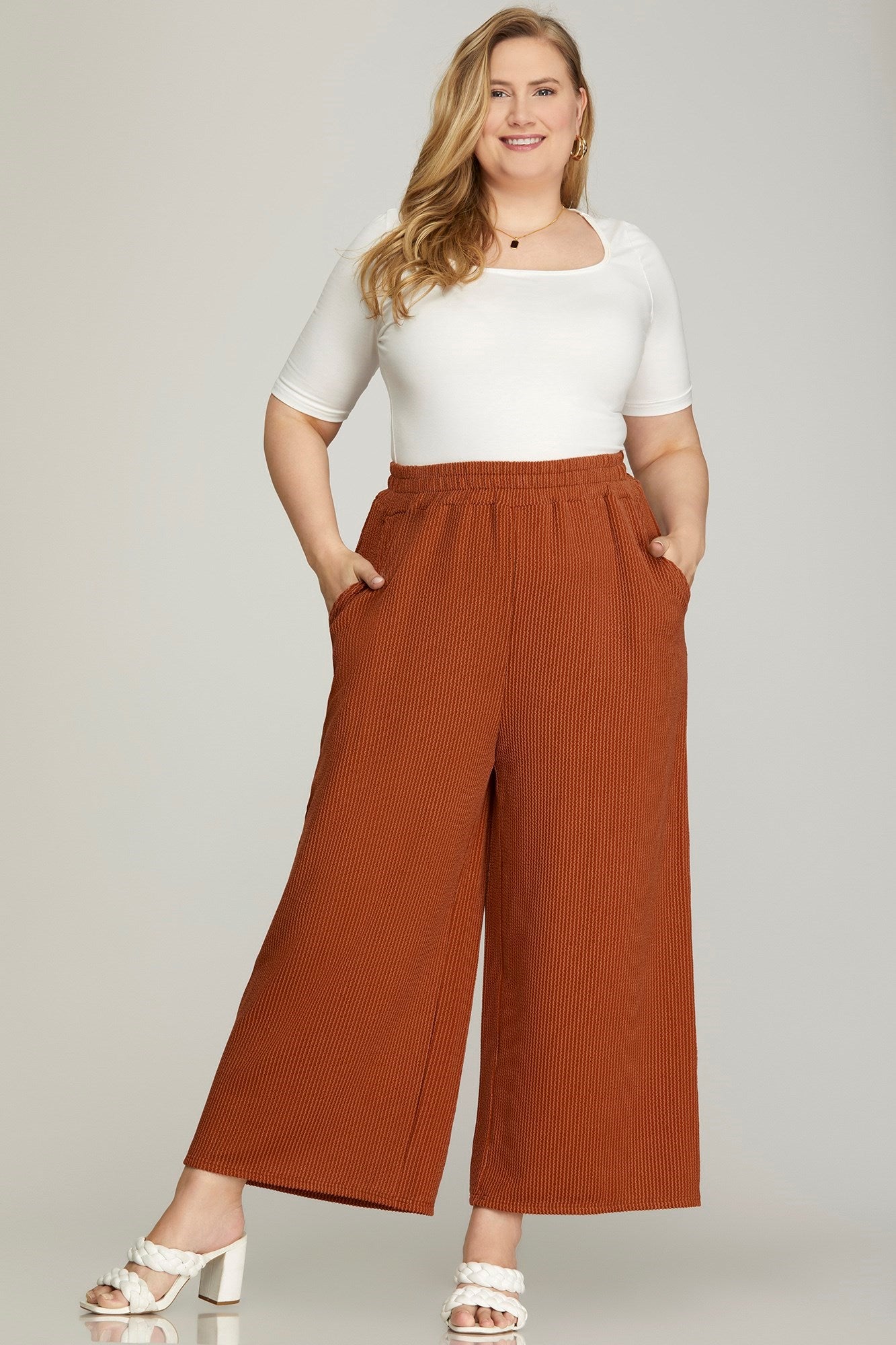 Plus Rust Wide Leg Capri Textured Pants with Pockets