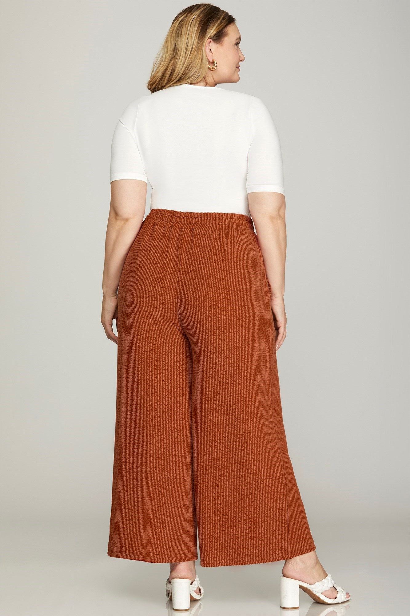 Plus Rust Wide Leg Capri Textured Pants with Pockets