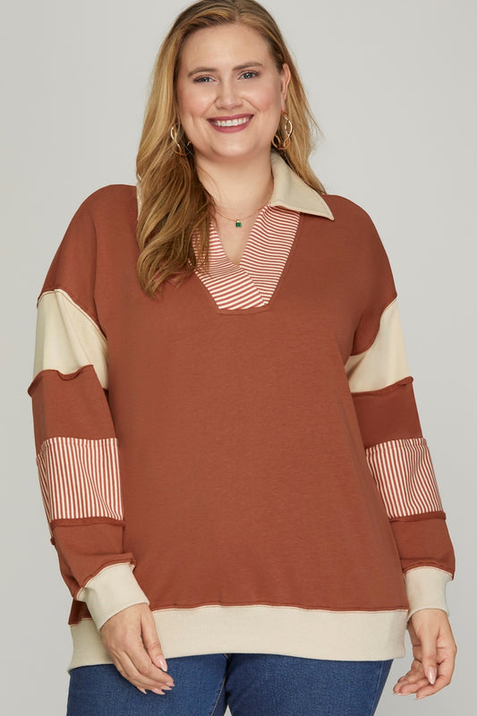 Plus Colorblock Sleeve V Neck French Terry Sweatshirt