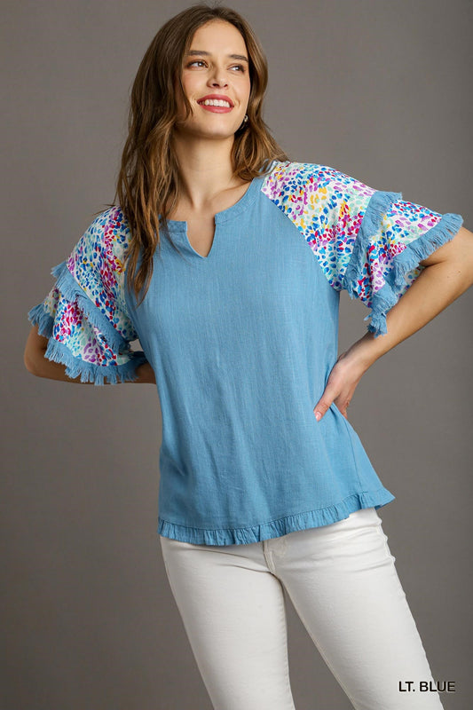 Light Blue Linen Top with Flutter Sleeves