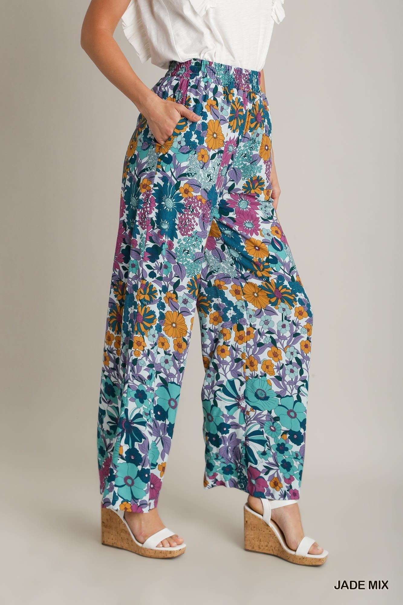 Umgee Jade Mix Floral Print Pants