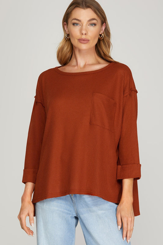 Rust 3/4 Sleeve Waffle Knit Top With Pocket