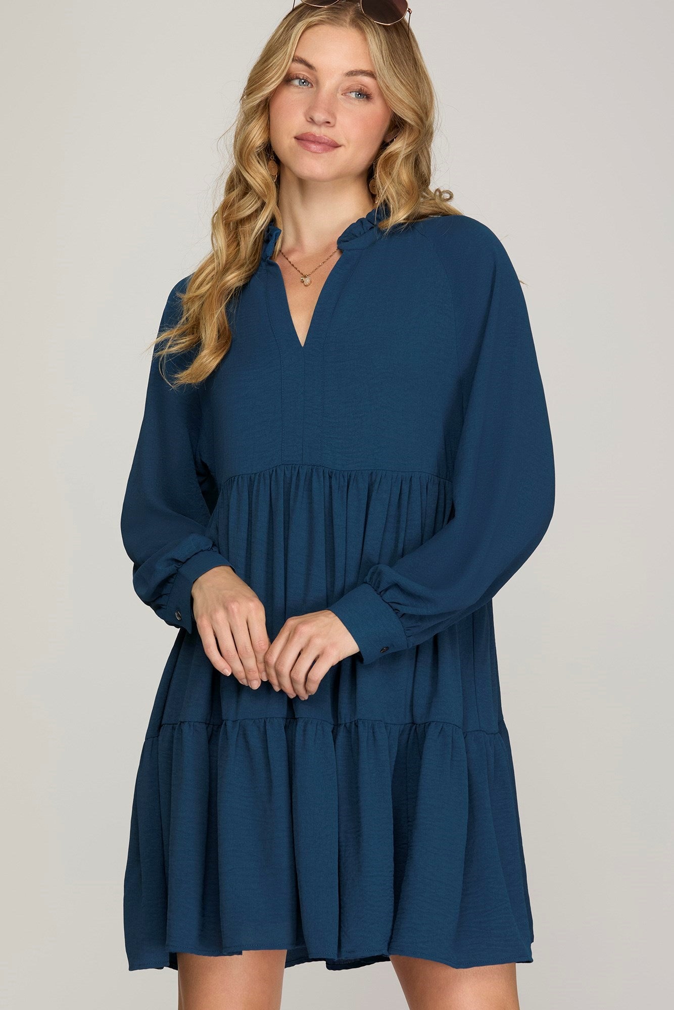 Long Sleeve Woven Notched Neck Tiered Dress