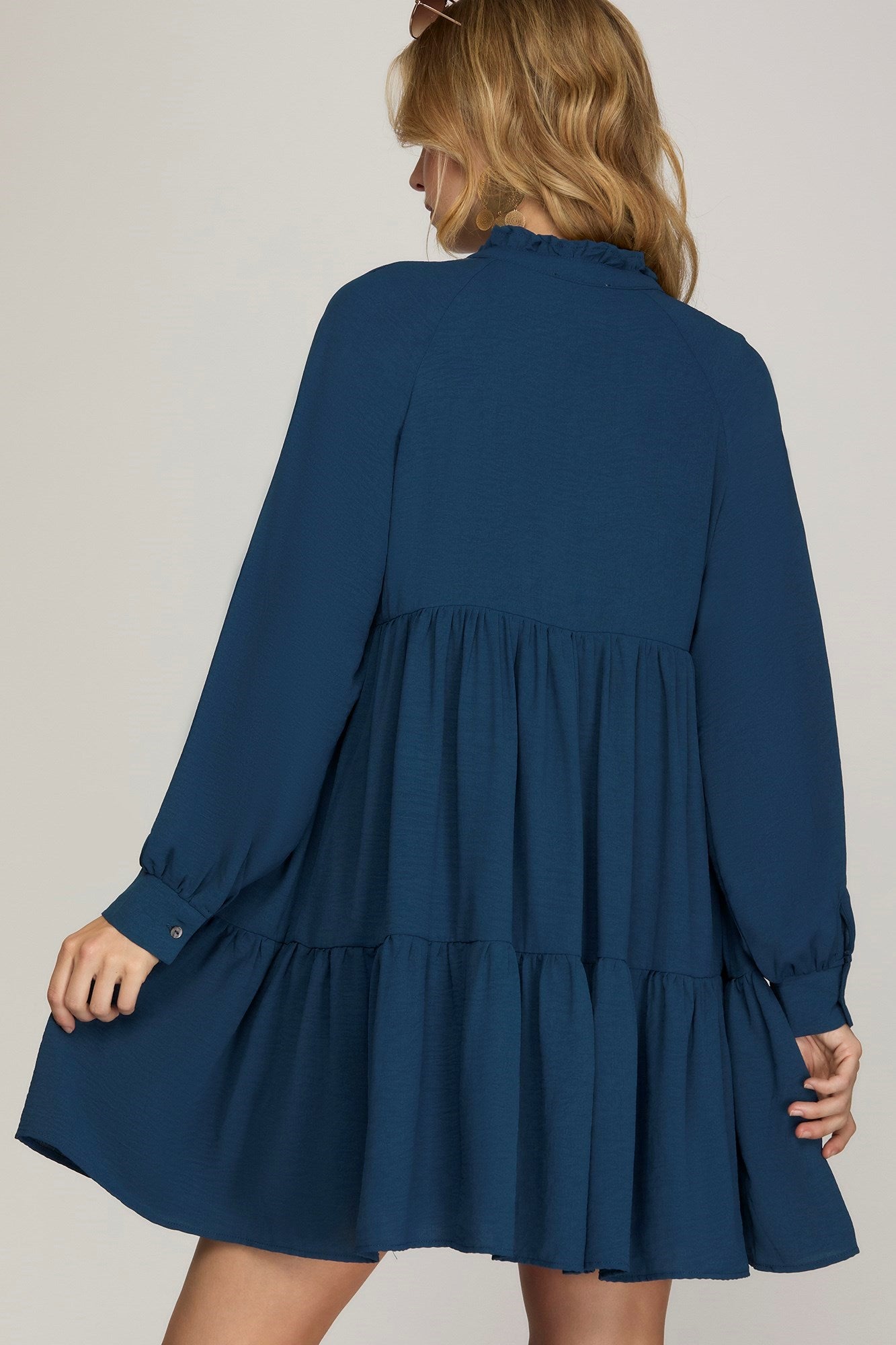 Long Sleeve Woven Notched Neck Tiered Dress