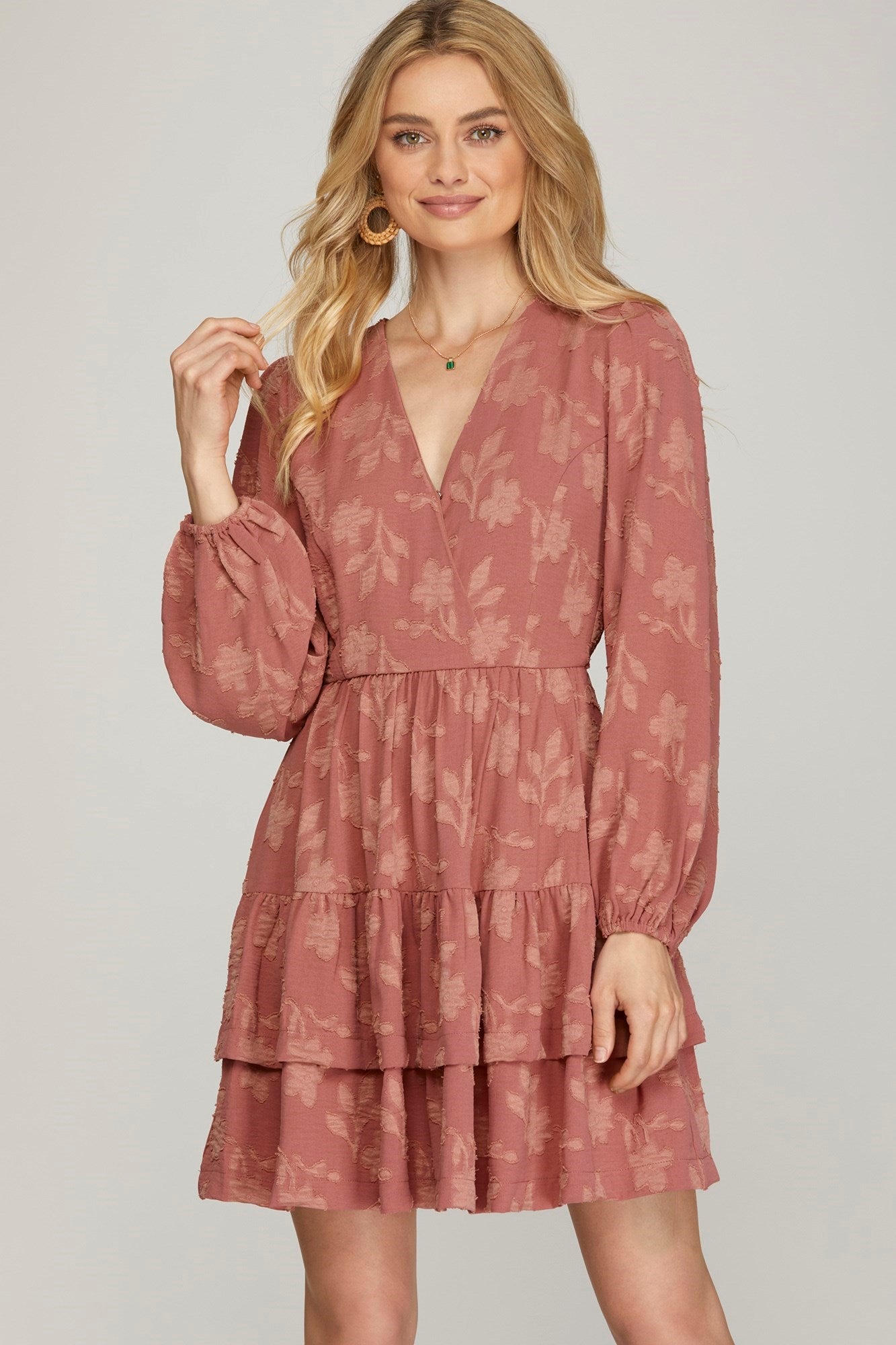 Long Sleeve Woven Floral Pattern Tiered Dress With Pockets