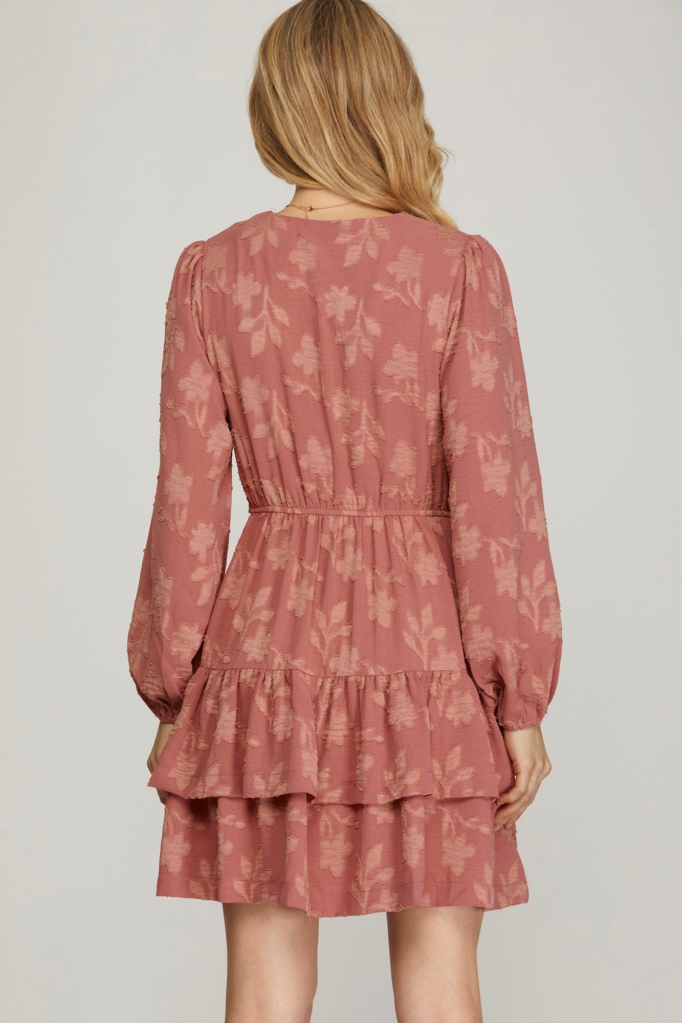 Long Sleeve Woven Floral Pattern Tiered Dress With Pockets