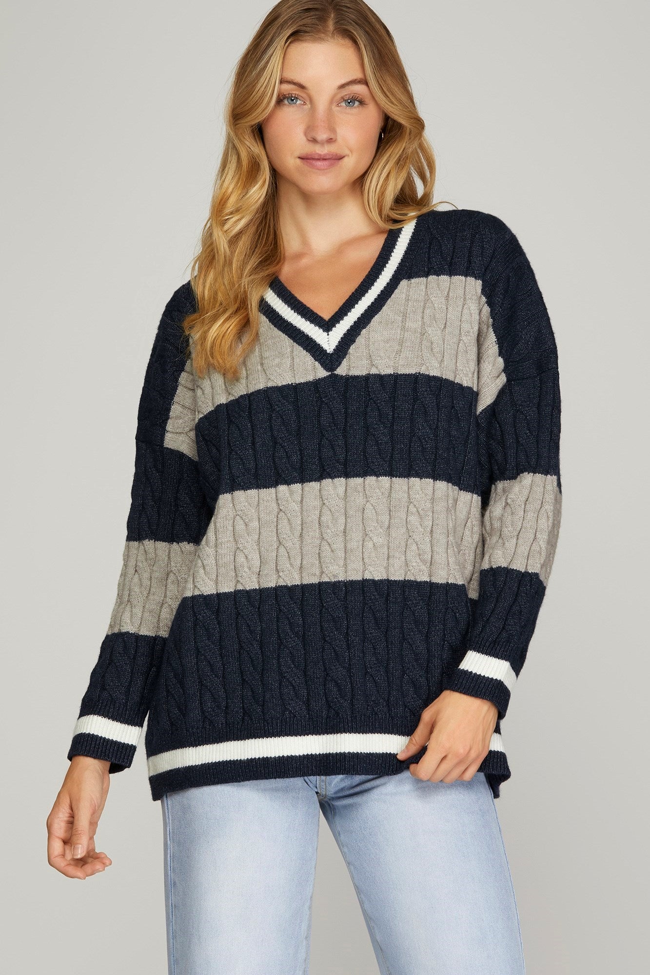 Navy and Gray Cable Knit Sweater