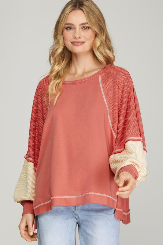 Antique Coral Long Sleeve Color Block Top