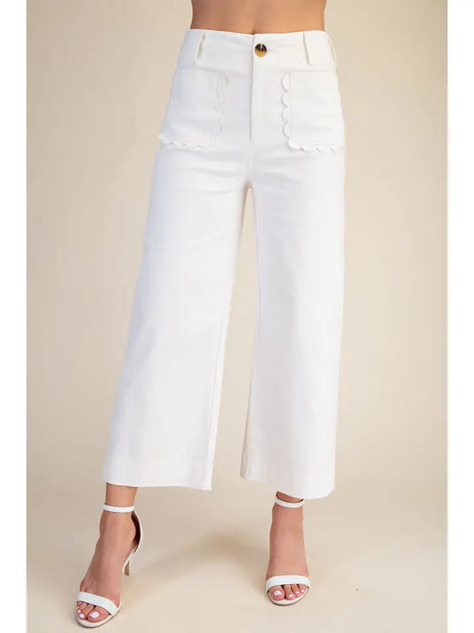 White Colette Wide Leg Scallop Pocket Pants