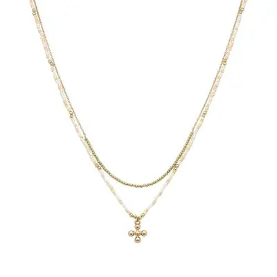 Natural Seed Bead and Gold Beaded Cross Necklace