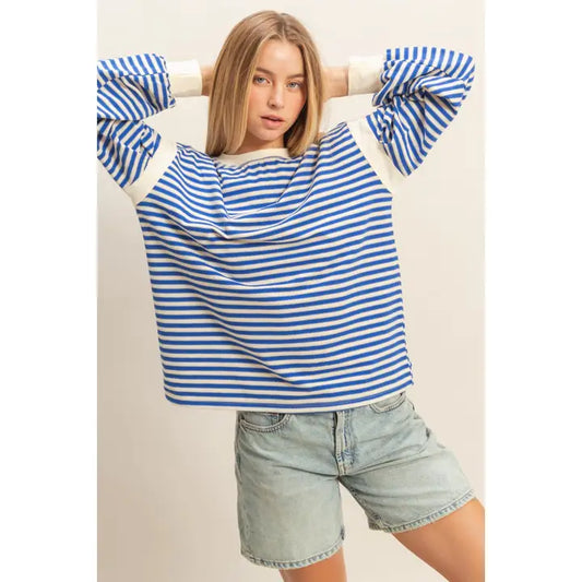 Blue Striped Sleeve Casual Top