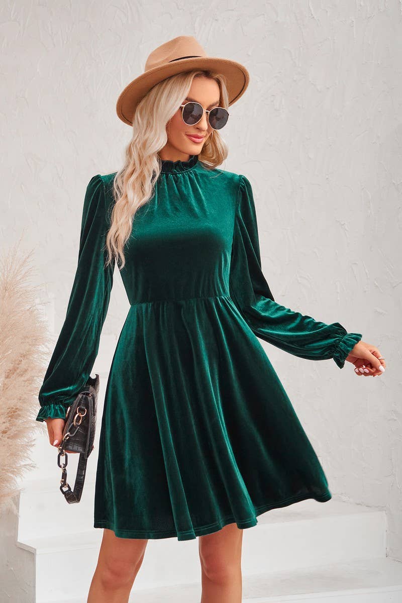 Green Velvet Round neck Puff Sleeve Smocking Detailed Dress