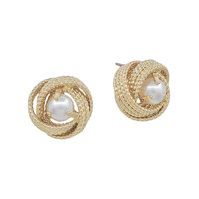 Gold Textured Knot with Pearl Stud Earrings