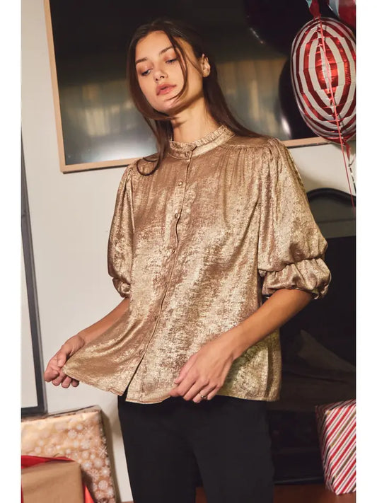 Gold Shimmer Foiled Button Blouse