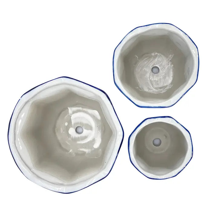 Set of 3 Blue & White Floral Ceramic Pots Ruffled Lip