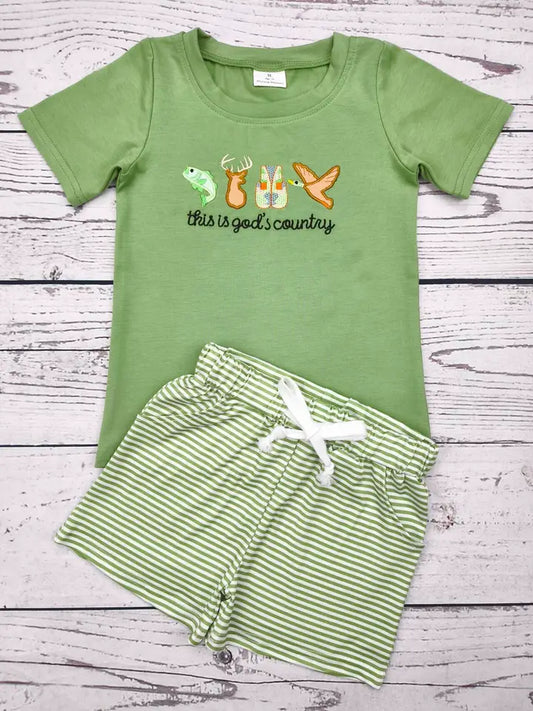 Baby Boy Green Applique Hunting Shorts Set