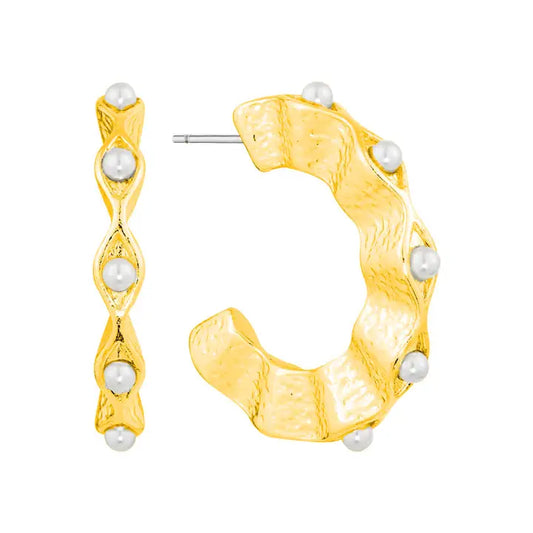 Gold Textured 1.25" Hoop with Pearl